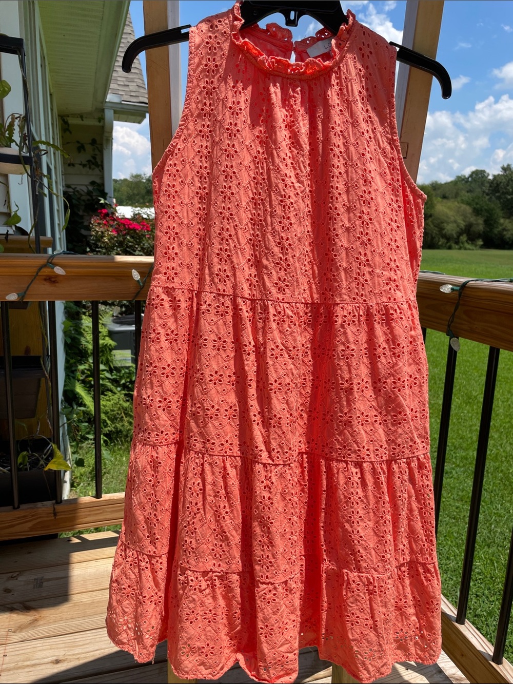 LOFT Coral Eyelet Tiered Midi Dress
